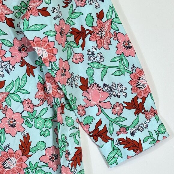 Lands' End Womens 14 Aqua Floral Button Up 3/4 Sleeve Supima No Iron Top Shirt - Picture 3 of 7